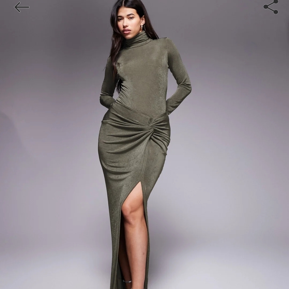 ASOS SET Olive Green Twist-Side Skirt And Turtleneck Bodysuit